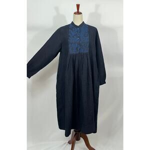 MAKU Sz L Large Jataka Kukkuta Indigo Blue Cotton Silk Wool Midi Dress